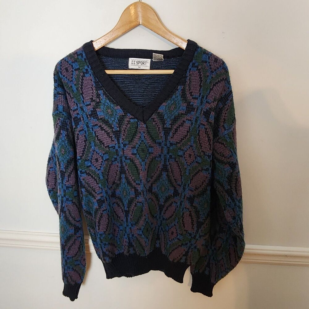 Vintage 90s CC Sport Sweater Sz Medium Mens Blue Geometric Vneck Casual Grandpa